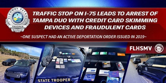 Traffic Stop on I-75 leads to arrest of Tampa duo with credit card skimming devices and fraudulent cards